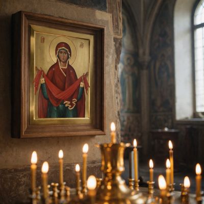 hand-painted icon of hte Theotokos Protection
