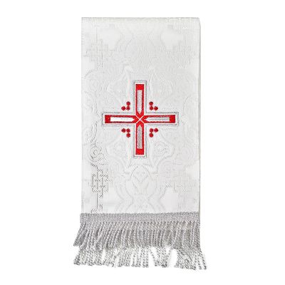 wide silk bookmark with cross embroidery and a silver fringe 