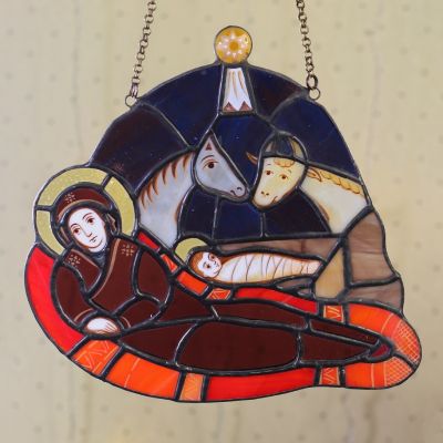 hanging Nativity scene from glass
