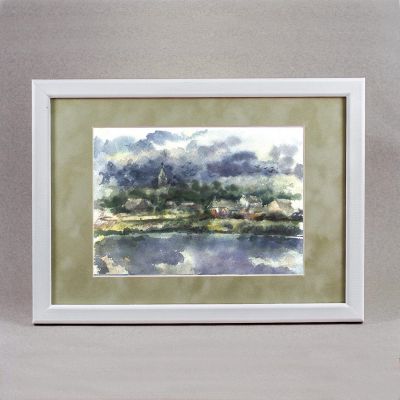lake scene with a church in the village 