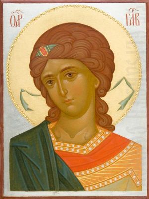 hand-written icon of archangel gabriel with a hand carved rectangular central panel gold leaf