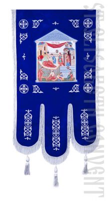 blue church banner with embroidered icon