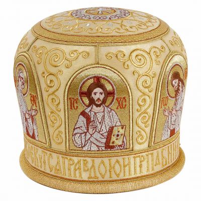 Gold mitre handmade with sewn icons and embroidered prayer