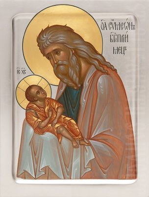 painted icon of holy righteous Symeon the god-receiver holding baby Jesus