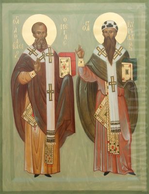 painted icon st athanasius the great and st cyril of alexandria