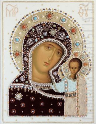 Handpainted icon of our lady in textile oklad with pearls 