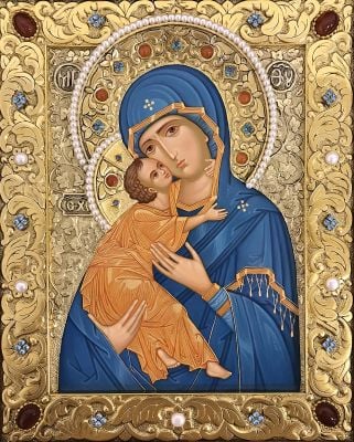 handpainted vladimir icon of the mother of god in oklad