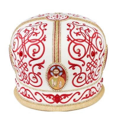 White mitre with handmade embroidery and ceramic icons