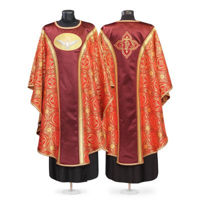 Red and burgundy chasuble with embroidery and sewn icon