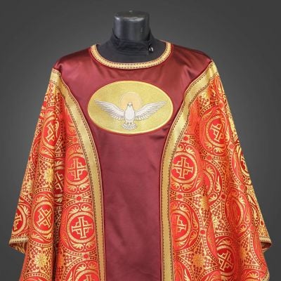 Red and burgundy chasuble with embroidery and sewn icon