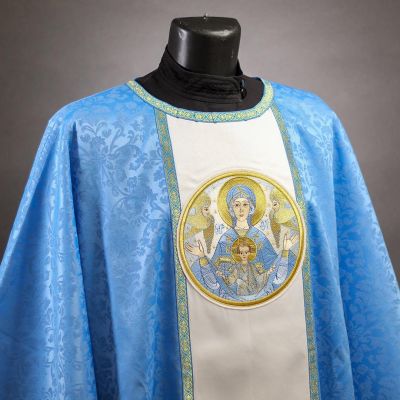 White and blue Chasuble with icon of Our Lady of the Sign