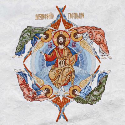 White decorative chalice covers and veil with embroidered Ascension of the Lord icon