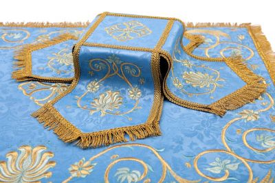 blue church embroidered chalice cover with embroidered ferns 