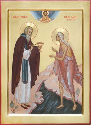 hand-painted with egg-temperaIcon of St. Mary of Egypt and St. Zosimas in the river in the desert 