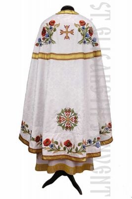 white priest vestment decorated with field flowers embroidery front view