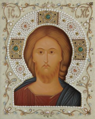 handpainted icon of Jesus Christ in an embroidered oklad