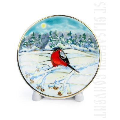Ceramic cup and saucer set - winter landscape with Bullfinch