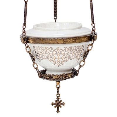 hanging ceramic vigil lamp with golden patterns