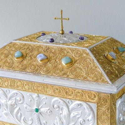 handmade reliquary with gemstones and electrotype