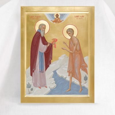 hand-painted with egg-temperaIcon of St. Mary of Egypt and St. Zosimas in the river in the desert 