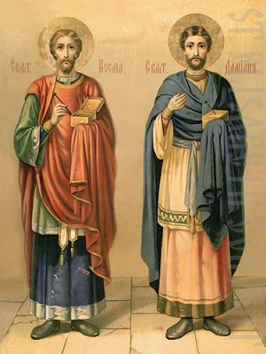 mounted icon on wood ss Cosmas and Damian