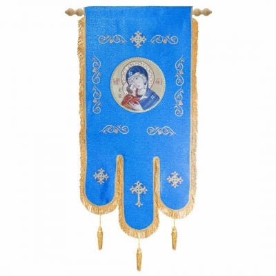 blue silk church khorugv with Christ icon