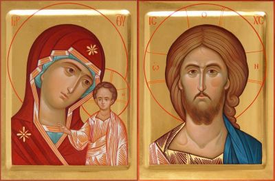 hand-painted wedding icon set of Jesus Christ and the Theotokos