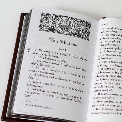 Holy Gospel in leather case with stamping