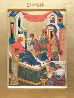 painted icon of the nativity of the most holy mother of god
