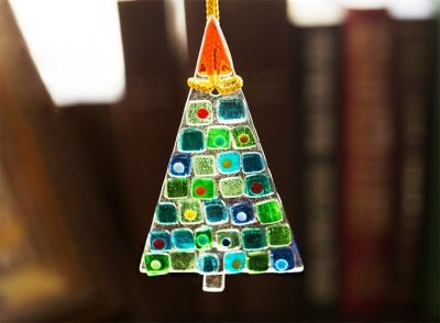 fused glass small christmas tree with toys