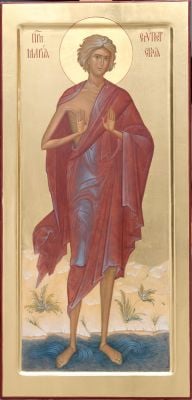 Hand-painted icon of Saint Mary of Egypt over the river in the desert in Full Height 