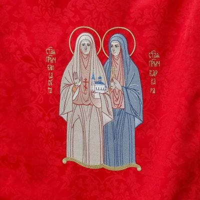 Icon stand cover with saints embroidery red church silk