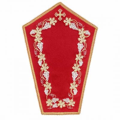 Red church napkin for the Holy Cross with embroidered grapes and cross