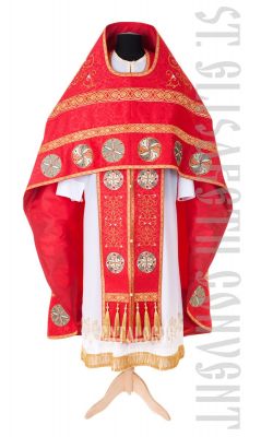 red Russian-style Priest vestment with embroidered flowers and Medallion of Jesus Christ
