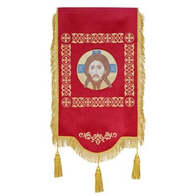 red velvet church banner with Savior medallion