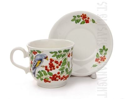 cup and saucer set with birds and rowan tree branches