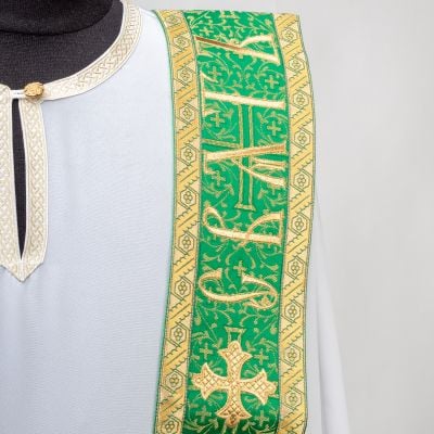 green deacon with embroidery and inscription