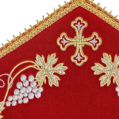 red velvet cross napkin with embroiedred grapes and cross