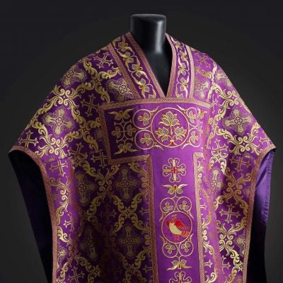 purple chasuble with embroidery with embroidered phoenixes