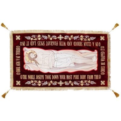Dark burgundy shroud with embroidered troparion and grapes