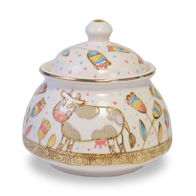 Ceramic Sugar Bowl White with Original Painting of Funny Animals