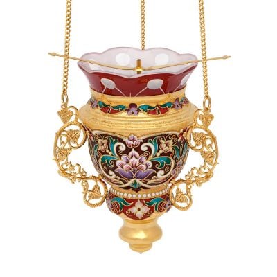 gilded hanging vigil lamp with hand-painted flowers