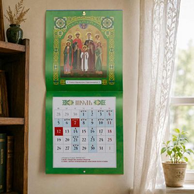 yellow 2027 calendar with icons of saints