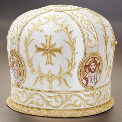handmade mitre with sewn icons medallions