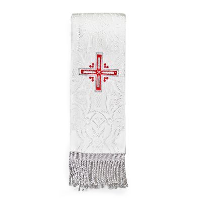 white bookmark with red embroidered cross
