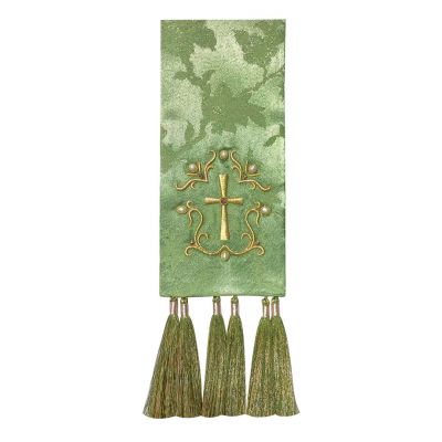 green bookmark for the Gospel with embroidered cross and pearls