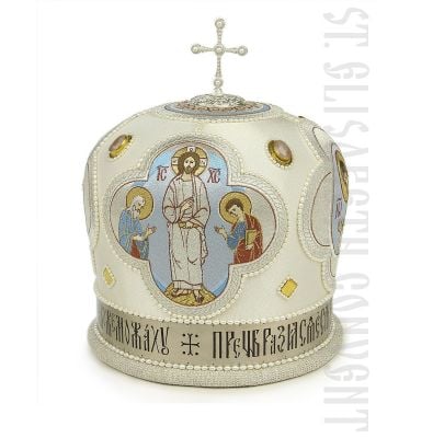 white mitre for priest with embroidered icon 